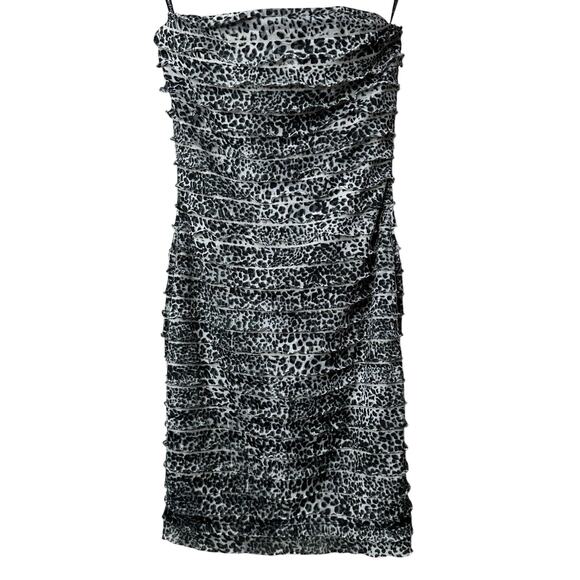 Bebe Black & White Leopard Print Tiered Mini Ruffle Bodycon Strapless Dress XS - Picture 1 of 13